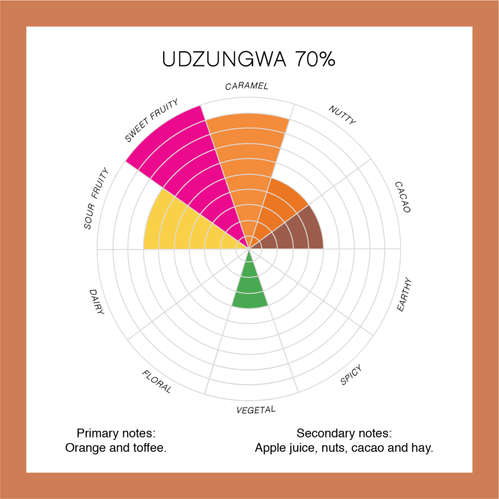 Udzungwa 70% con Nibs de cacao, Udzungwa, Tanzania. Cálidas notas de naranja y toffee, ecológico